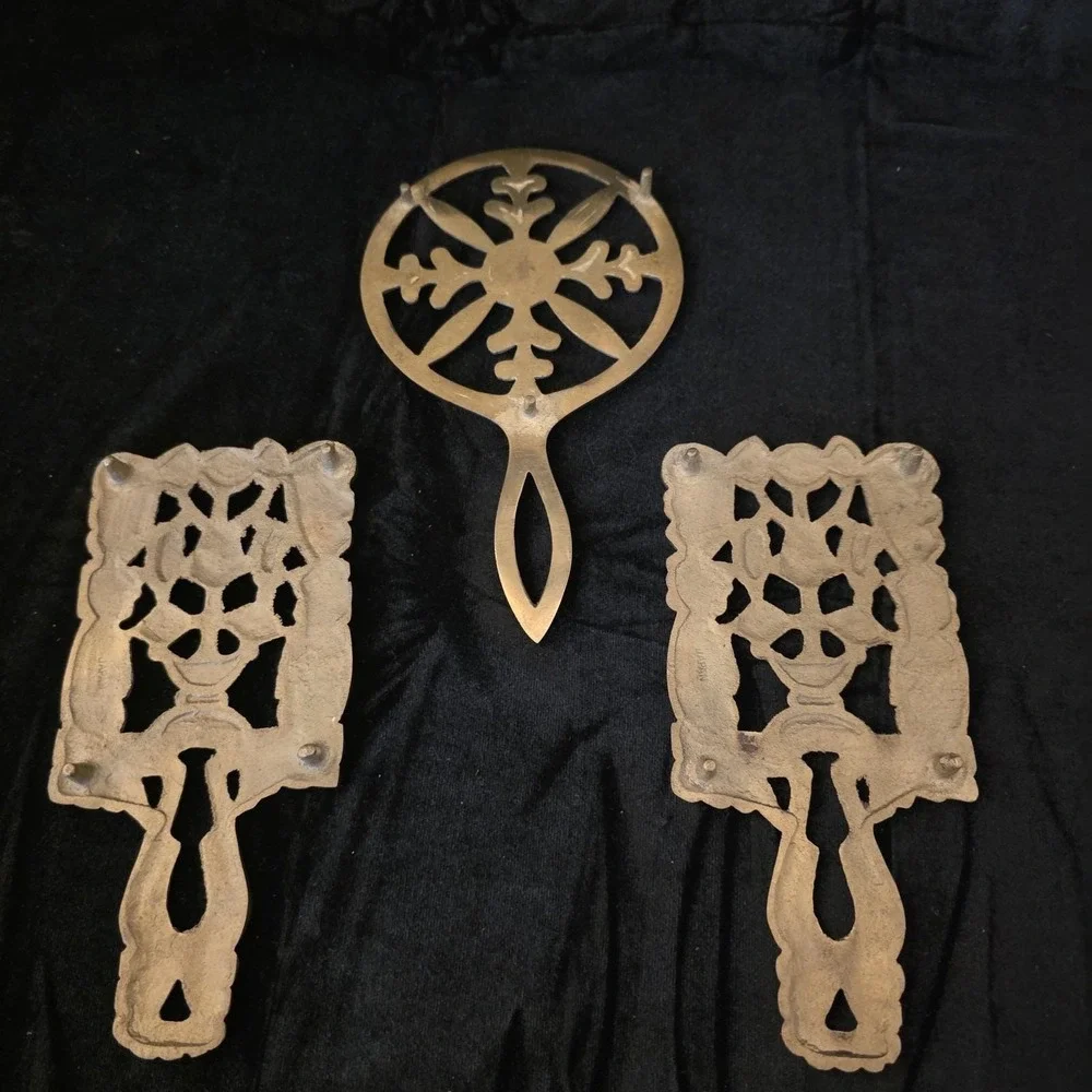 Vintage Ornate Brass‎ Trivets, Set of 3. 1 Snowflake 2 Egyptian Leaves